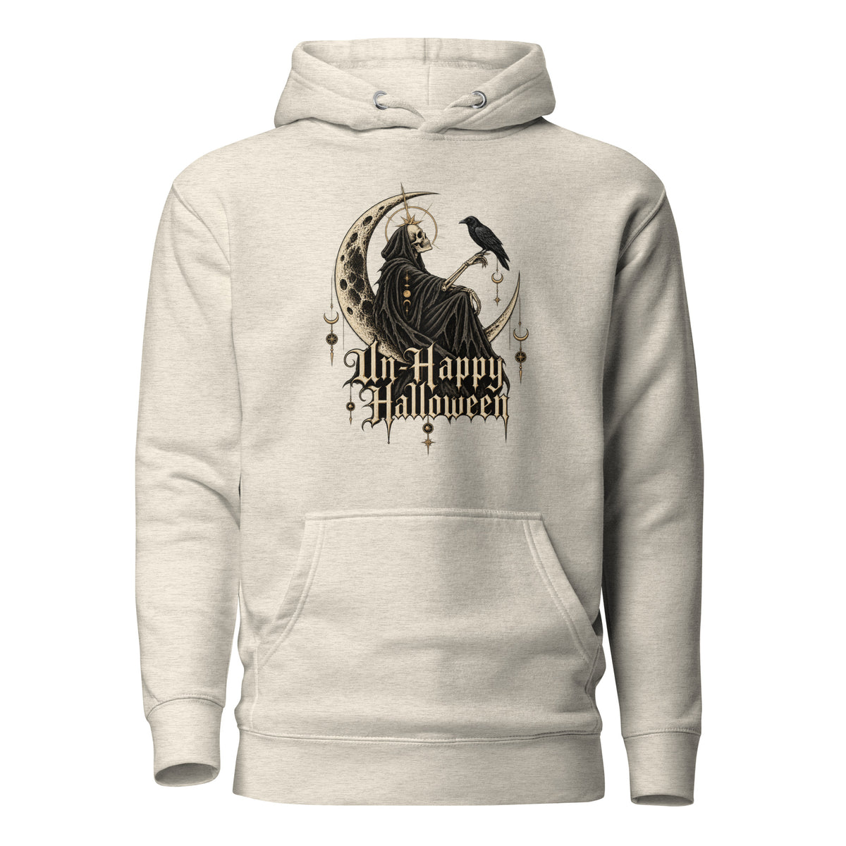 Front view of an Oatmeal Heather hoodie featuring a hooded skeleton seated on a crescent moon with a raven and UnHappy Halloween lettering.