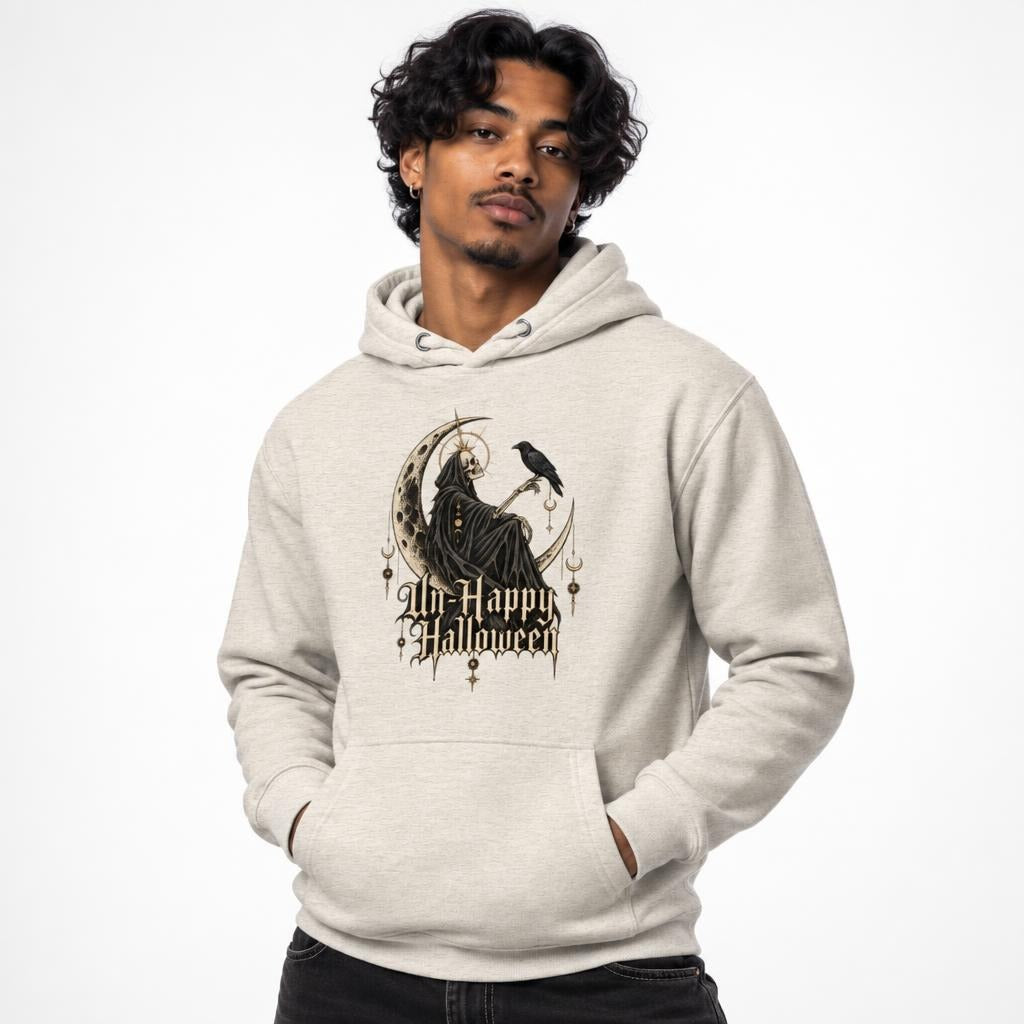 Front view of an Oatmeal Heather hoodie featuring a hooded skeleton seated on a crescent moon with a raven and “UnHappy Halloween” lettering.