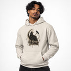 Front view of an Oatmeal Heather hoodie featuring a hooded skeleton seated on a crescent moon with a raven and “UnHappy Halloween” lettering.