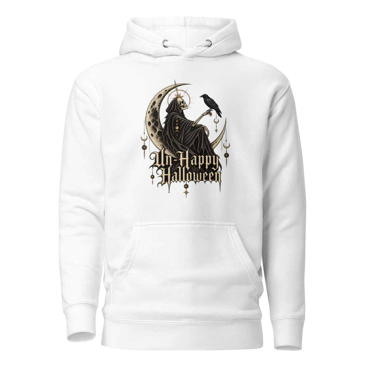 Front view of a white hoodie featuring a seated hooded skeleton on a crescent moon with a raven and gothic “UnHappy Halloween” lettering.