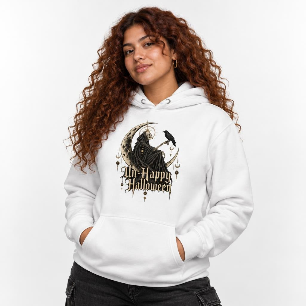 Front view of a model wearing a white hoodie with a gothic UnHappy Halloween design featuring a skeleton, raven, and crescent moon.