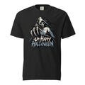 Black T-shirt featuring a hooded Grim Reaper, skeletal hand, haunted castle scene, and distressed “Unhappy Halloween” lettering.