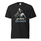 Black T-shirt featuring a hooded Grim Reaper, skeletal hand, haunted castle scene, and distressed “Unhappy Halloween” lettering.