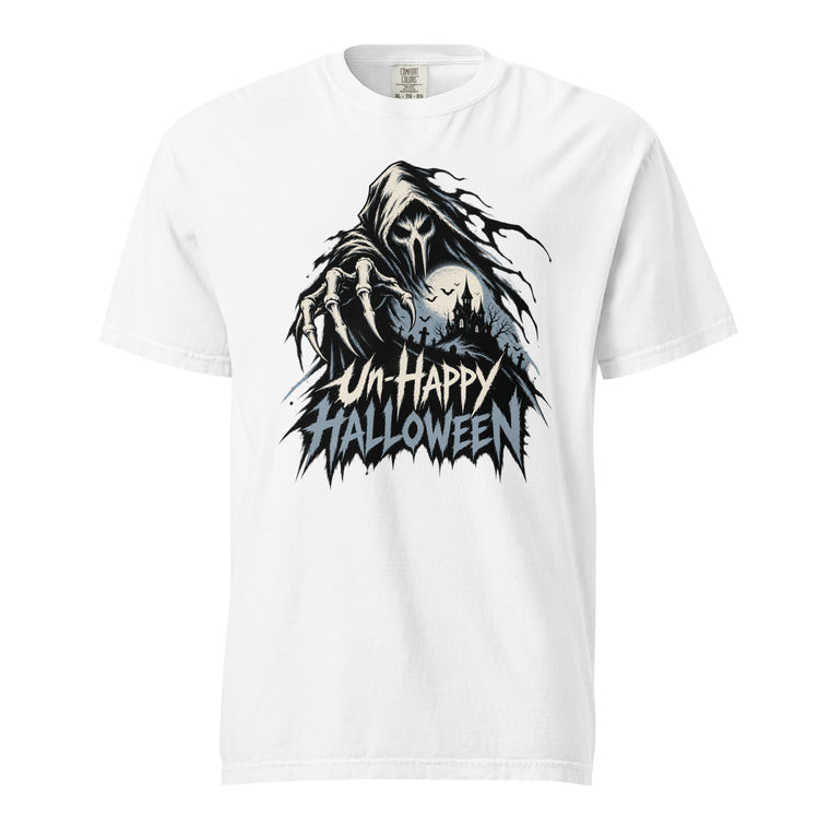 Front view of a White T-shirt featuring a hooded Grim Reaper, skeletal hand, haunted castle, and distressed “UNHAPPY HALLOWEEN” lettering.
