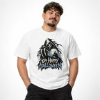 Front view of a white T-shirt featuring a hooded Grim Reaper, skeletal hand, haunted castle, and distressed “Unhappy Halloween” text.