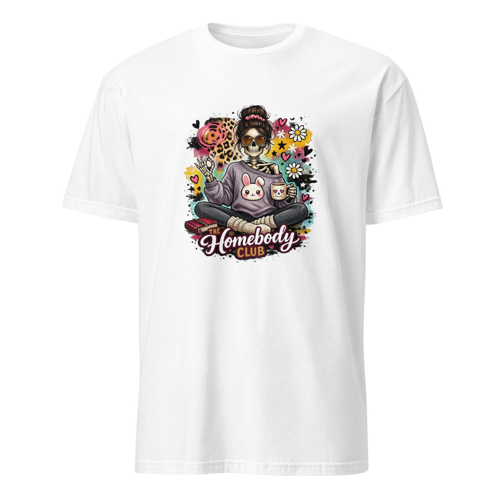 White unisex basic softstyle t-shirt front view featuring a floral skull girl with a bunny and cats design