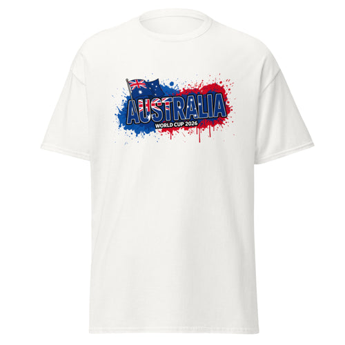 White t-shirt with Australia World Cup 2026 design on a white background