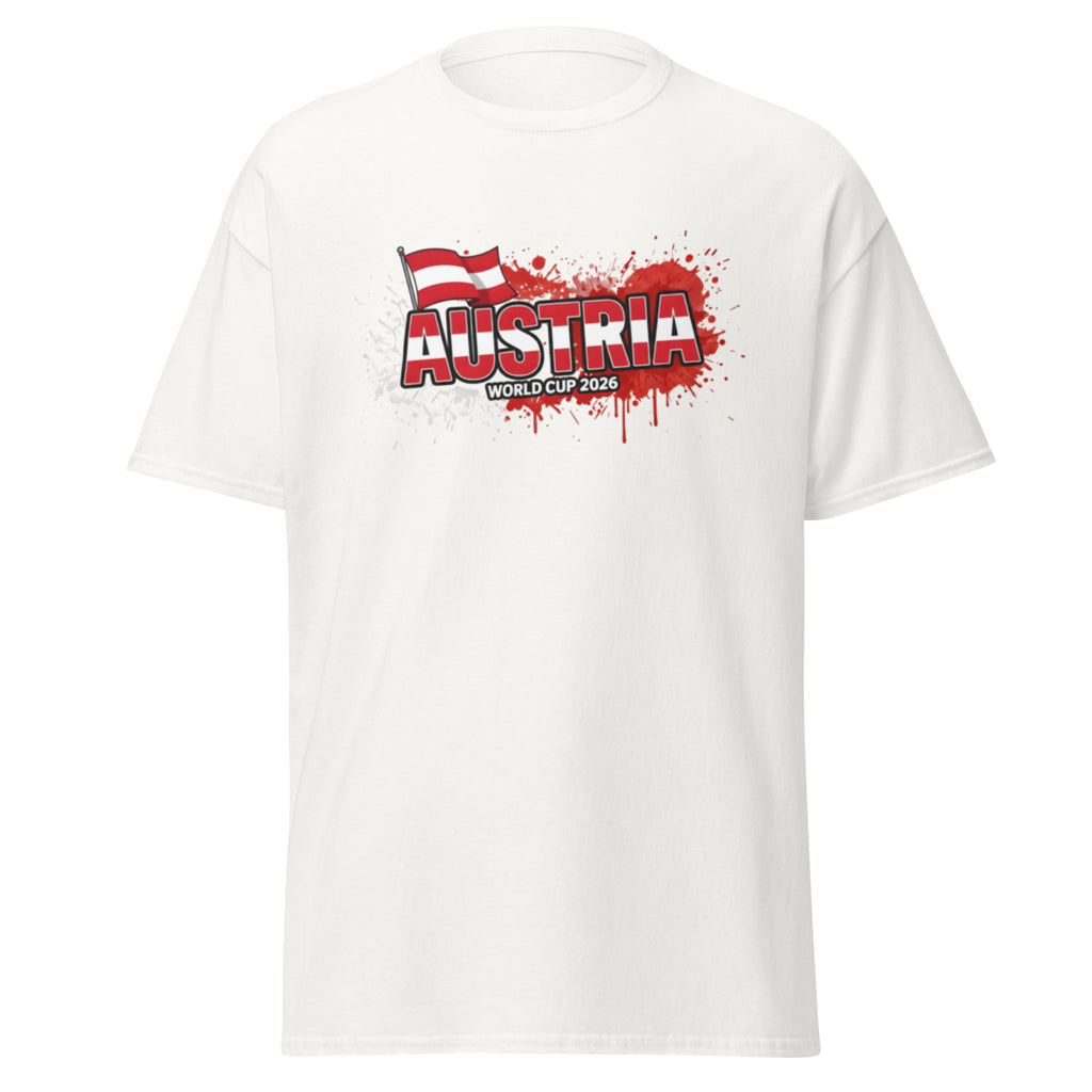 White t-shirt with 'Austria World Cup 2026' design on a white background