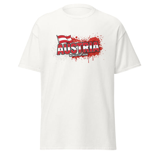White t-shirt with 'Austria World Cup 2026' design on a white background