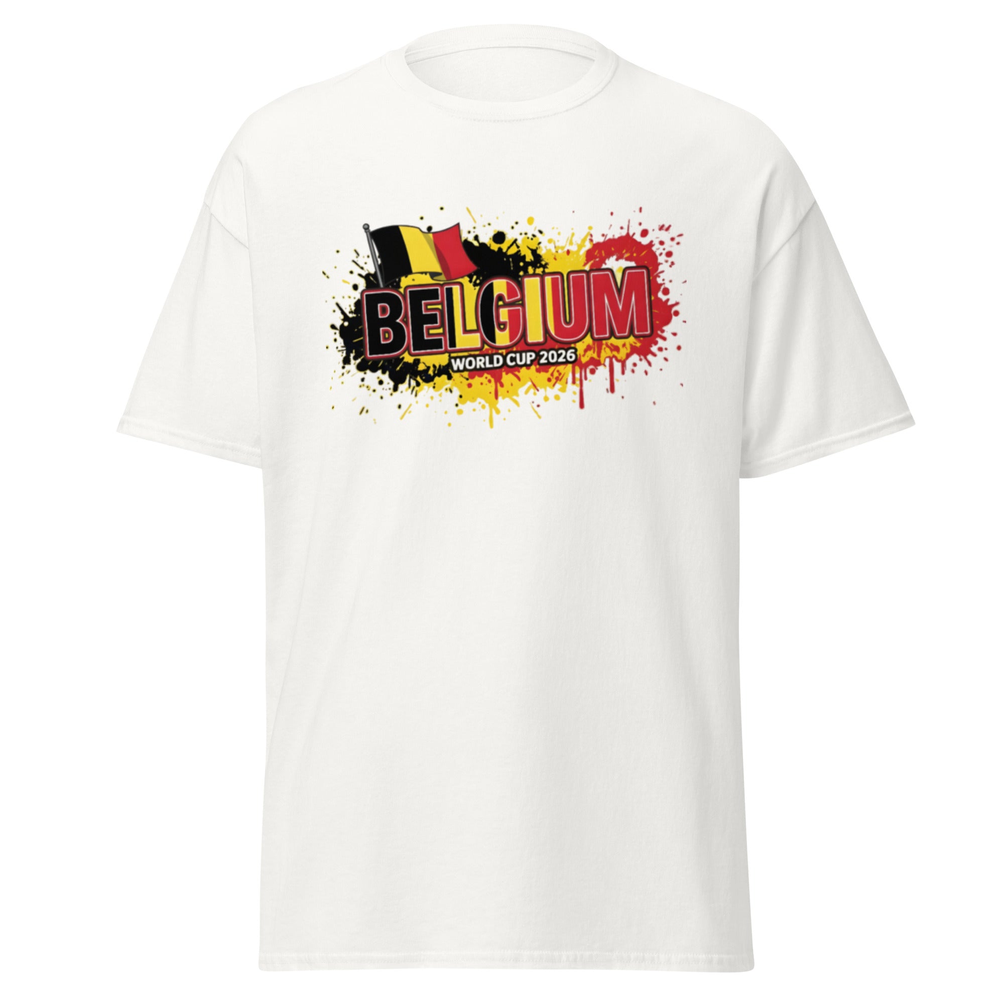 White t-shirt with Belgium World Cup 2026 design on a white background