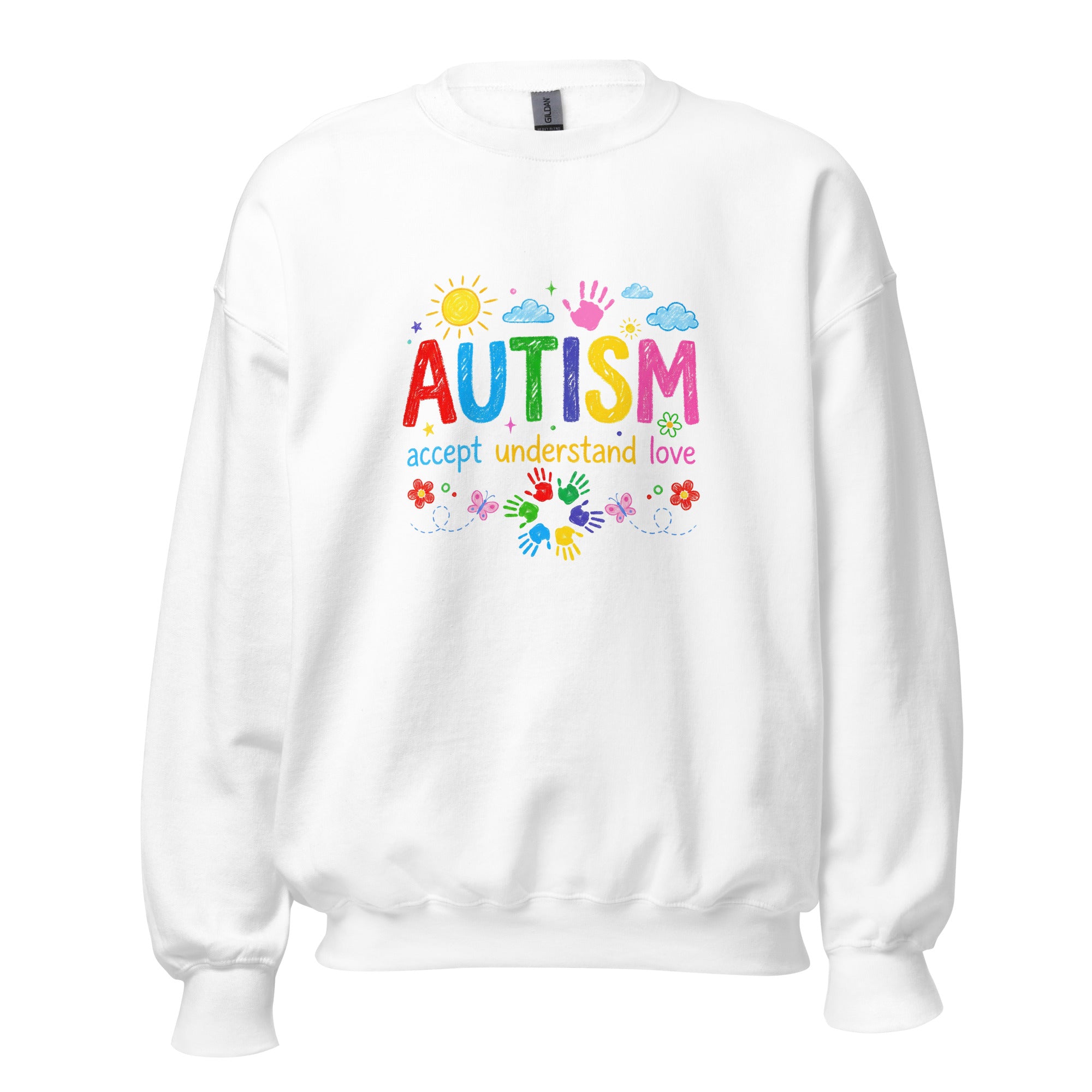 White unisex crew neck sweatshirt with long sleeves shown from the front.