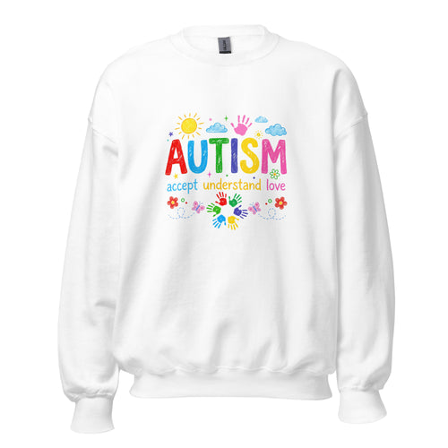 White unisex crew neck sweatshirt with long sleeves shown from the front.