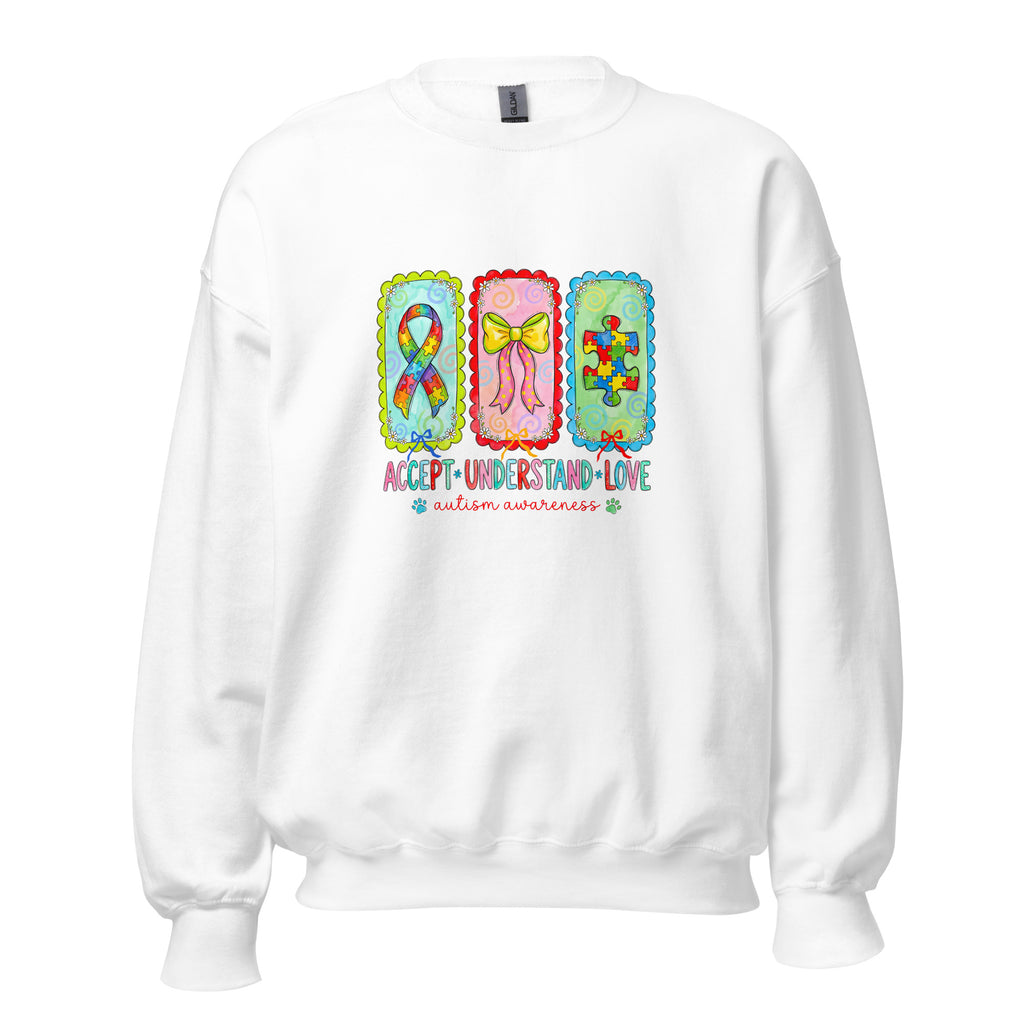 White unisex crew neck sweatshirt with long sleeves shown from the front.