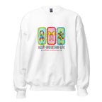 White unisex crew neck sweatshirt with long sleeves shown from the front.