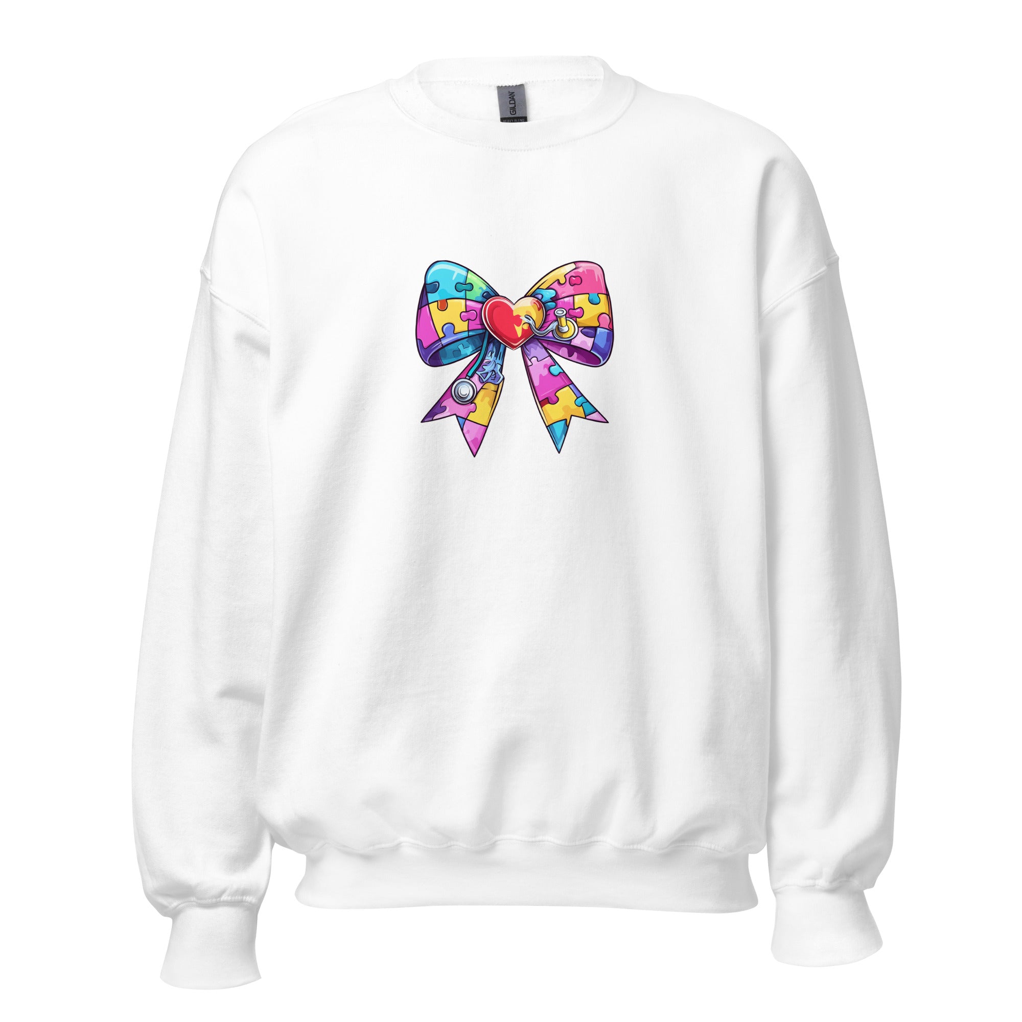 White unisex crew neck sweatshirt with long sleeves shown from the front.