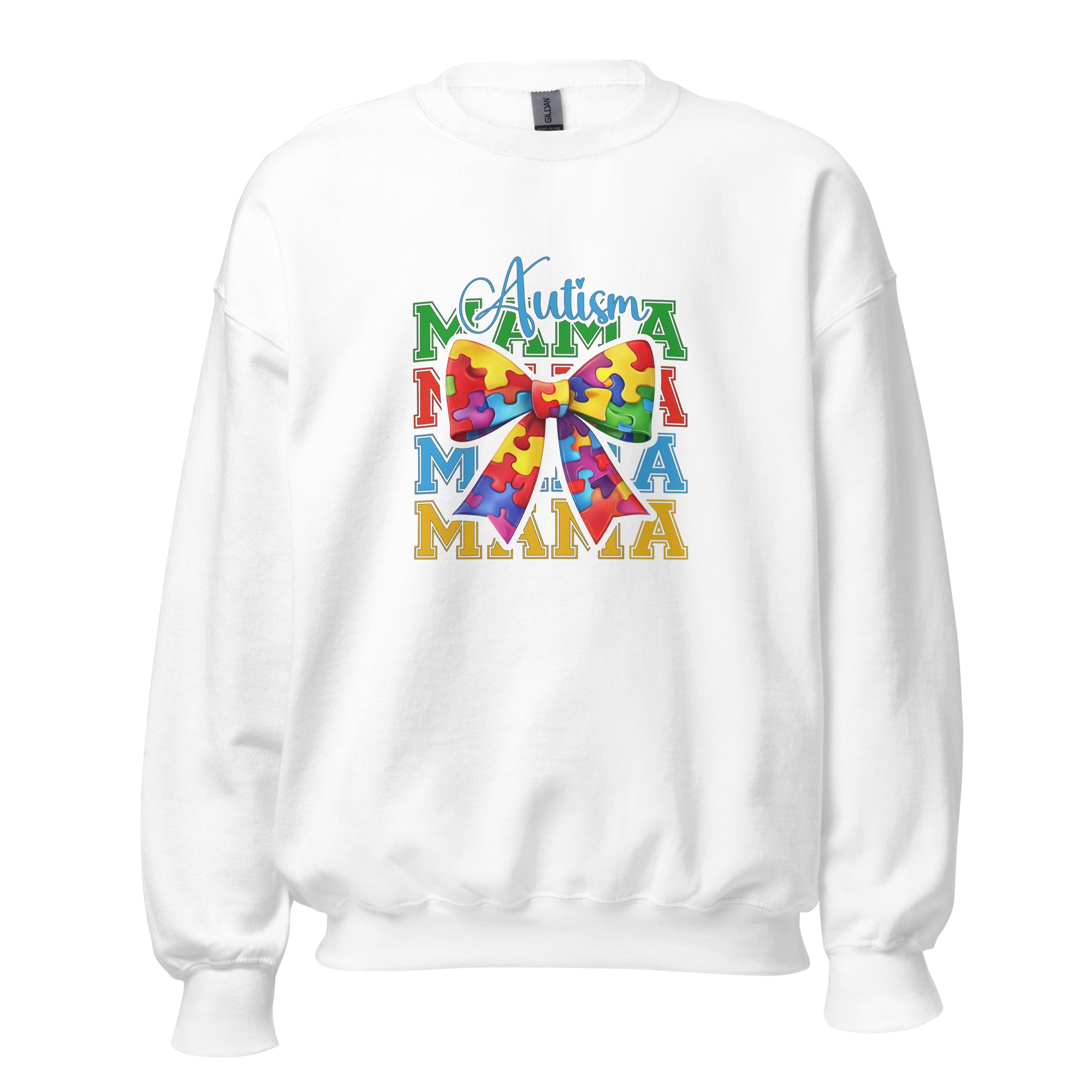 White unisex crew neck sweatshirt with long sleeves shown from the front.