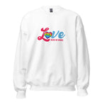 White unisex crew neck sweatshirt with long sleeves shown from the front.