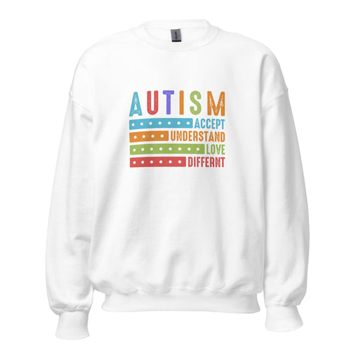 White unisex crew neck sweatshirt with long sleeves shown from the front.