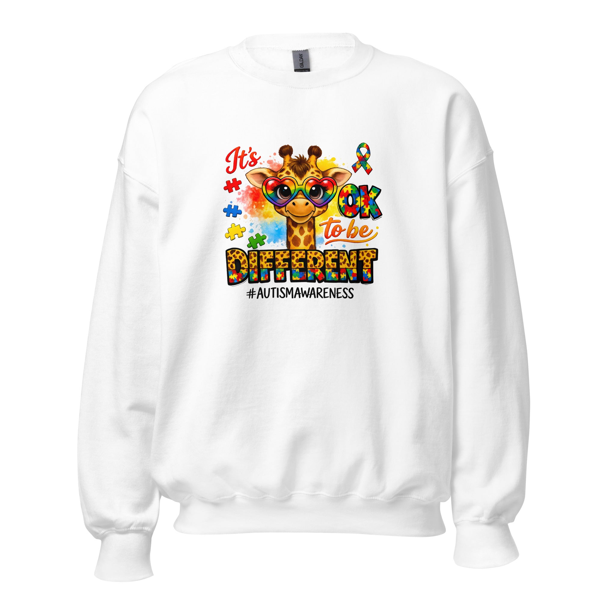 White unisex crew neck sweatshirt with long sleeves shown from the front.