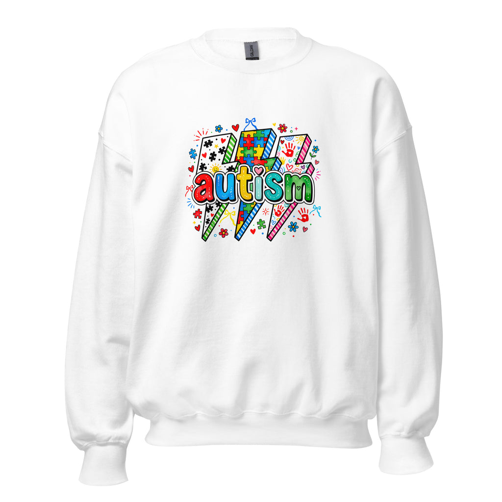White unisex crew neck sweatshirt with long sleeves shown from the front.