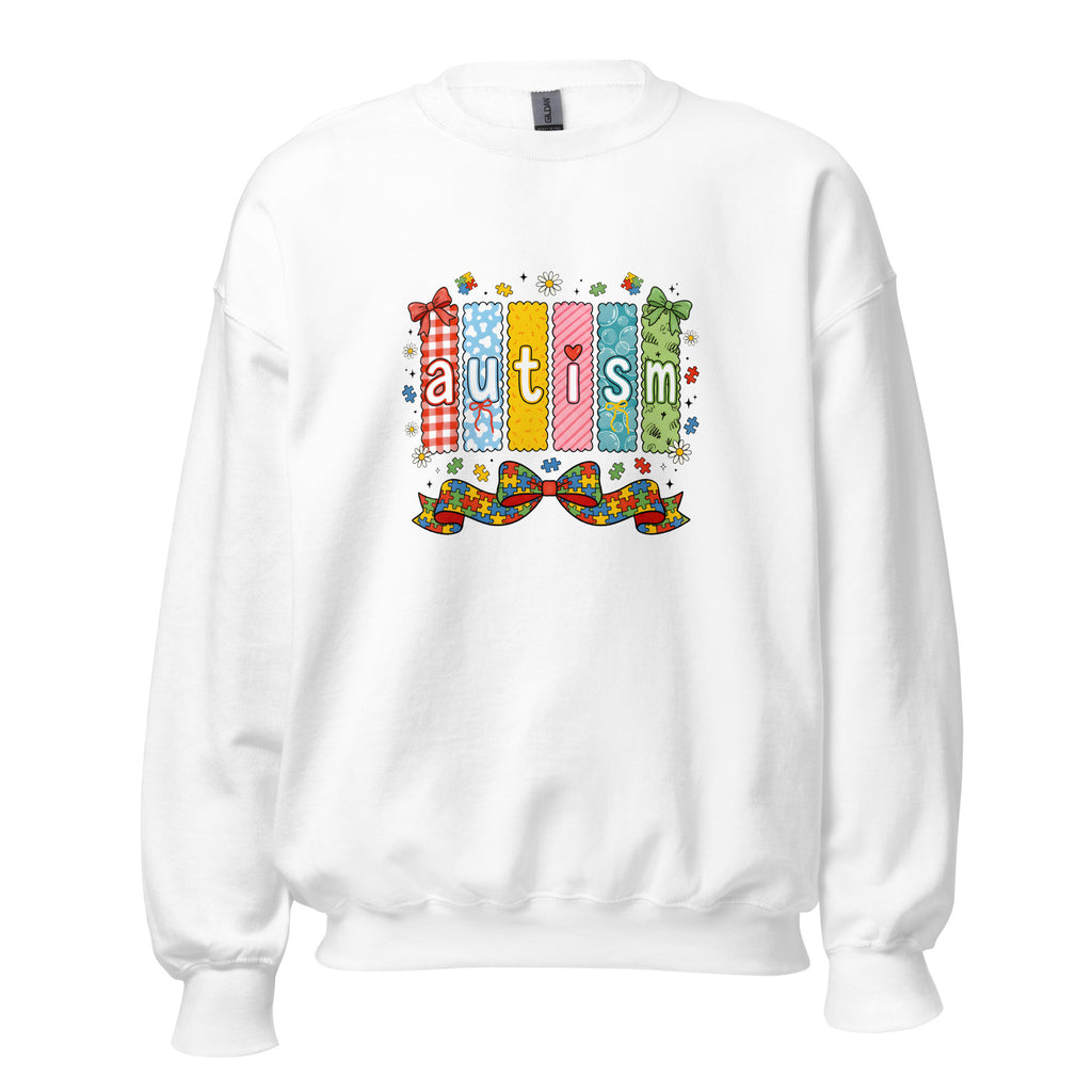 White unisex crew neck sweatshirt with long sleeves shown from the front.