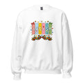 White unisex crew neck sweatshirt with long sleeves shown from the front.