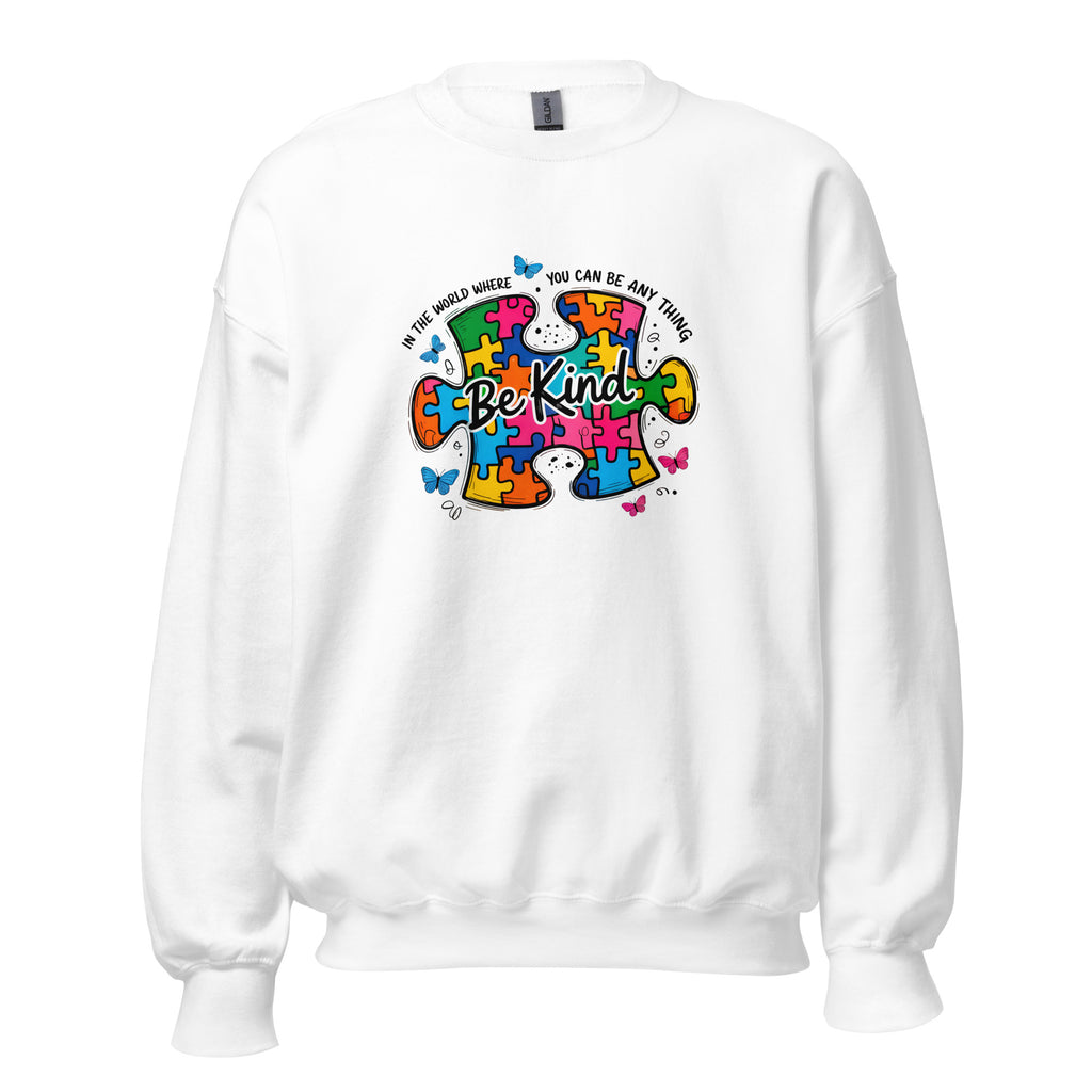 White unisex crew neck sweatshirt with long sleeves shown from the front.