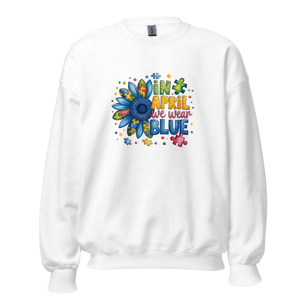 White unisex crew neck sweatshirt with long sleeves shown from the front.