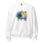 White unisex crew neck sweatshirt with long sleeves shown from the front.