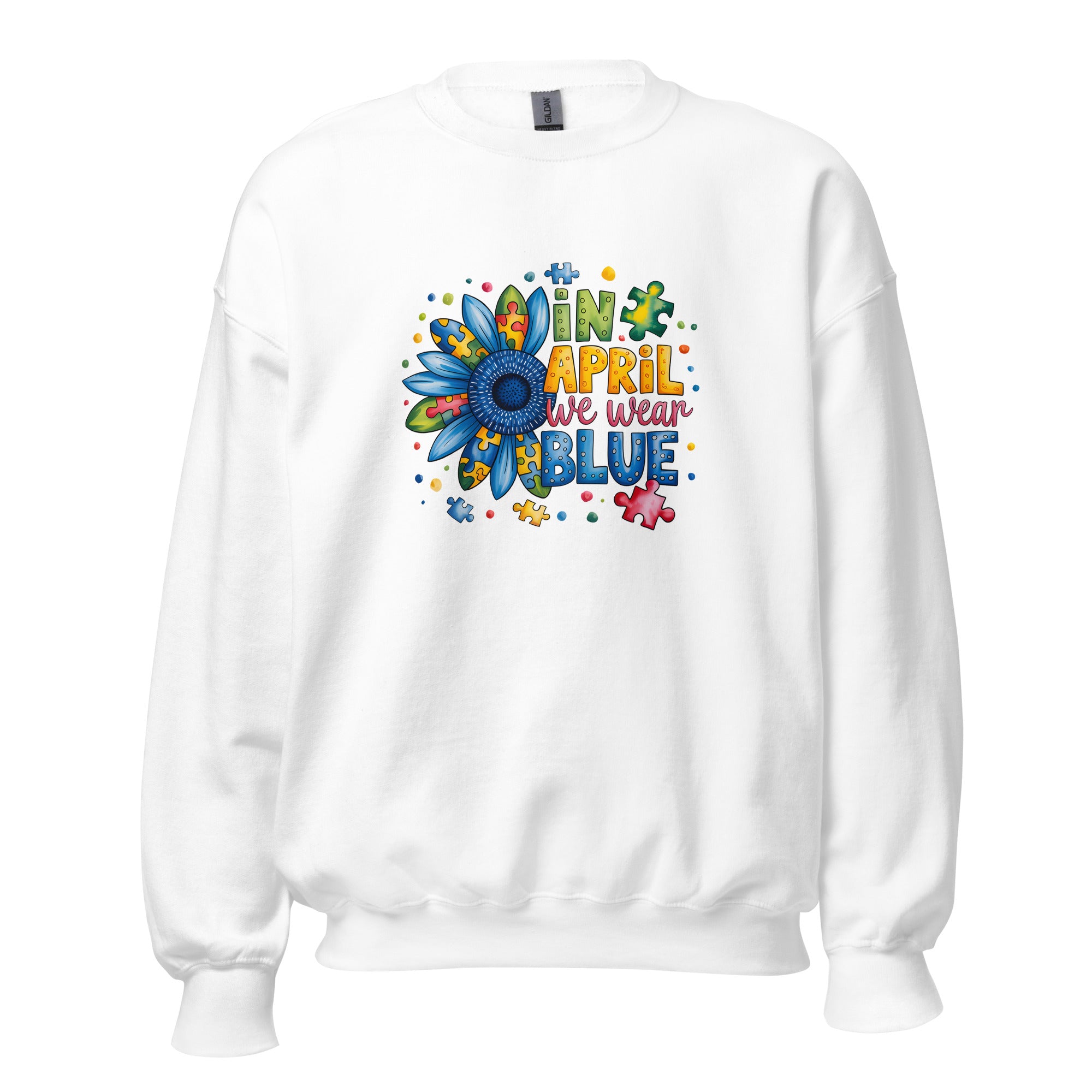 White unisex crew neck sweatshirt with long sleeves shown from the front.