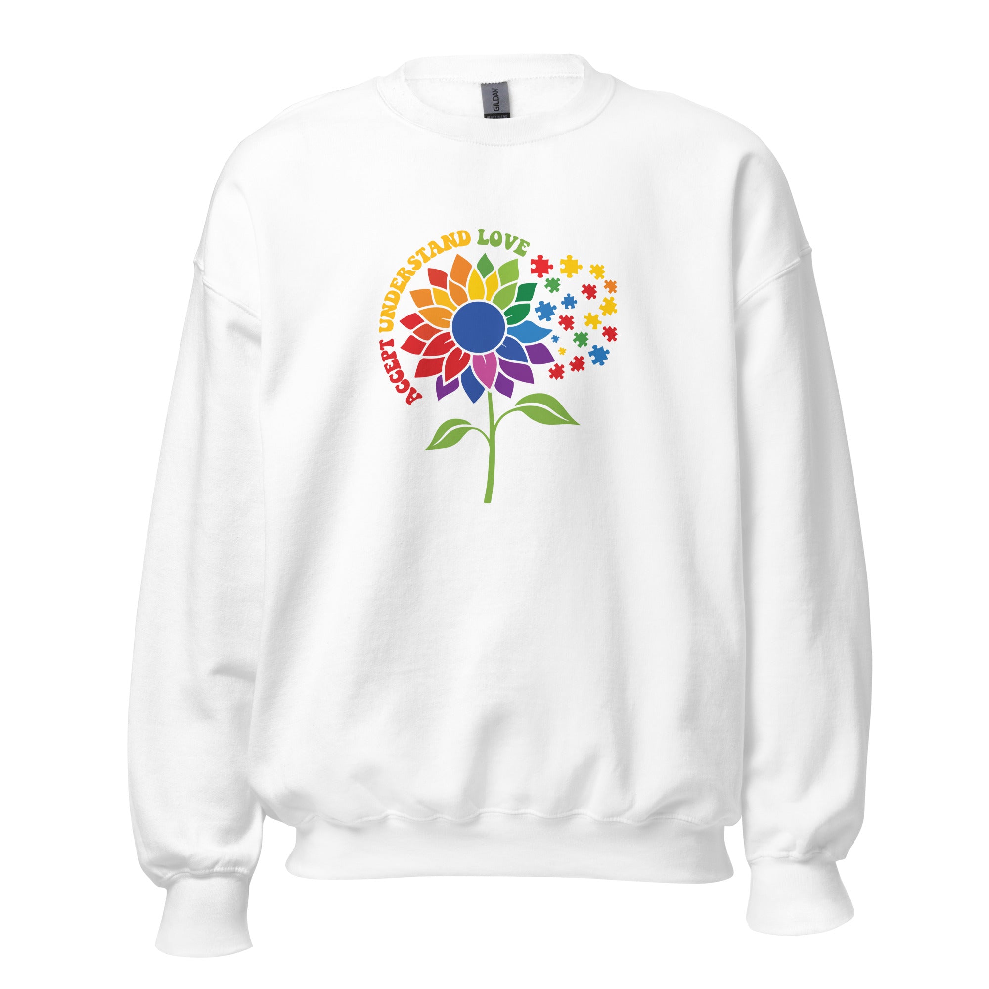 White unisex crew neck sweatshirt with long sleeves shown from the front.