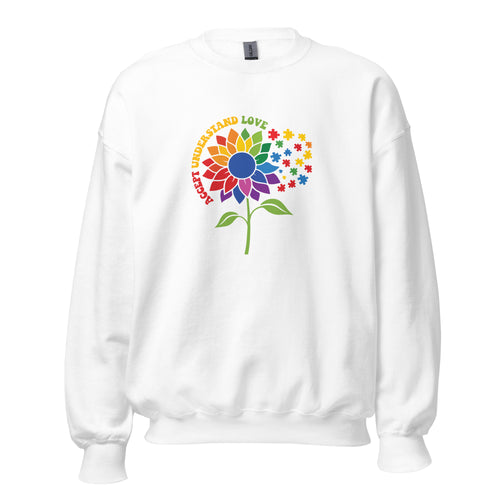 White unisex crew neck sweatshirt with long sleeves shown from the front.