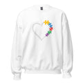 White unisex crew neck sweatshirt with long sleeves shown from the front.