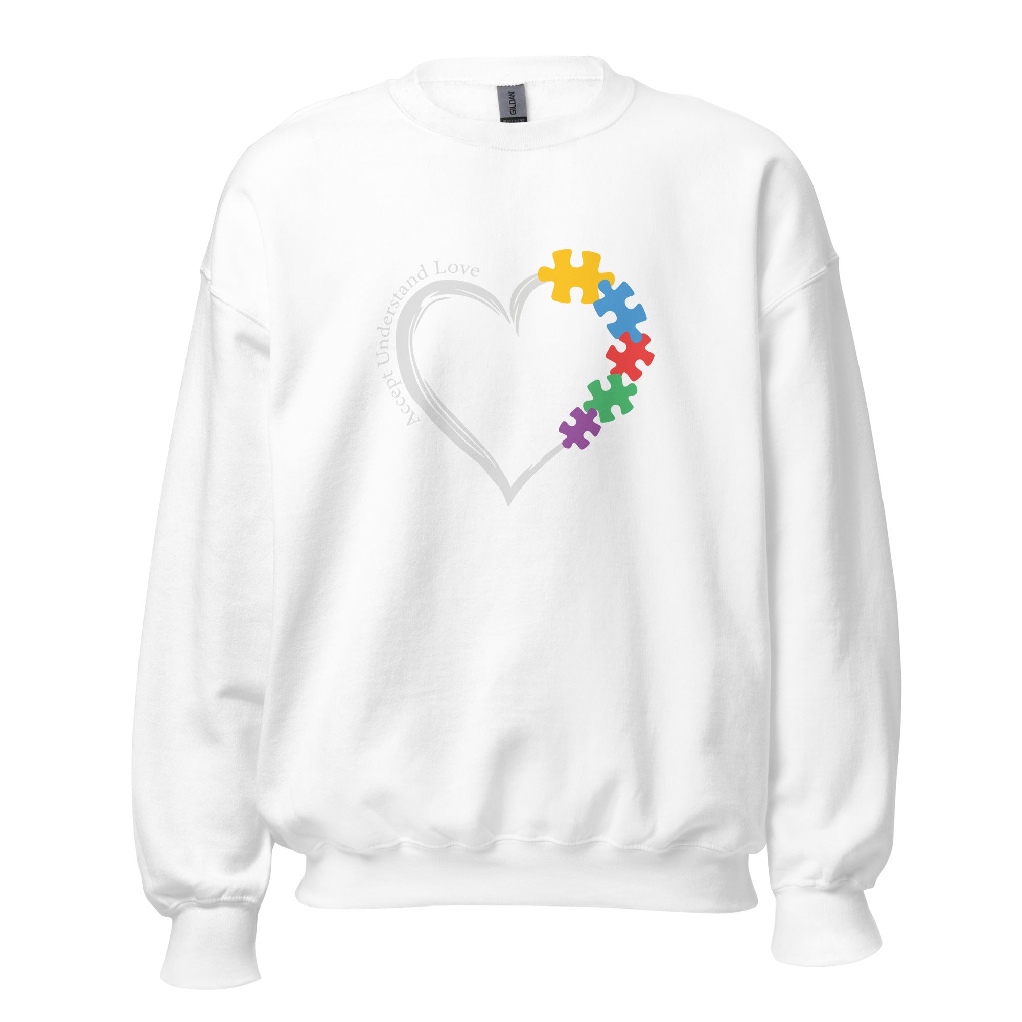 White unisex crew neck sweatshirt with long sleeves shown from the front.