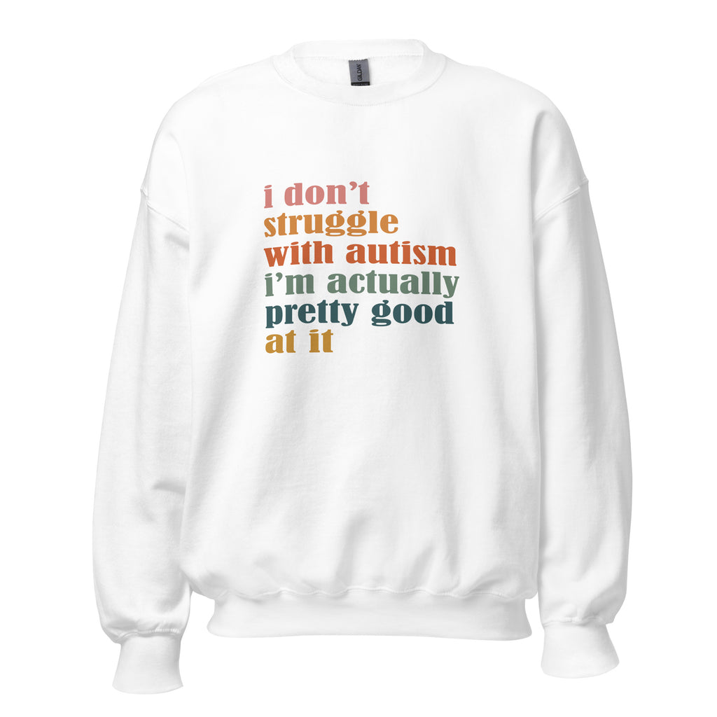 White unisex crew neck sweatshirt with long sleeves shown from the front.