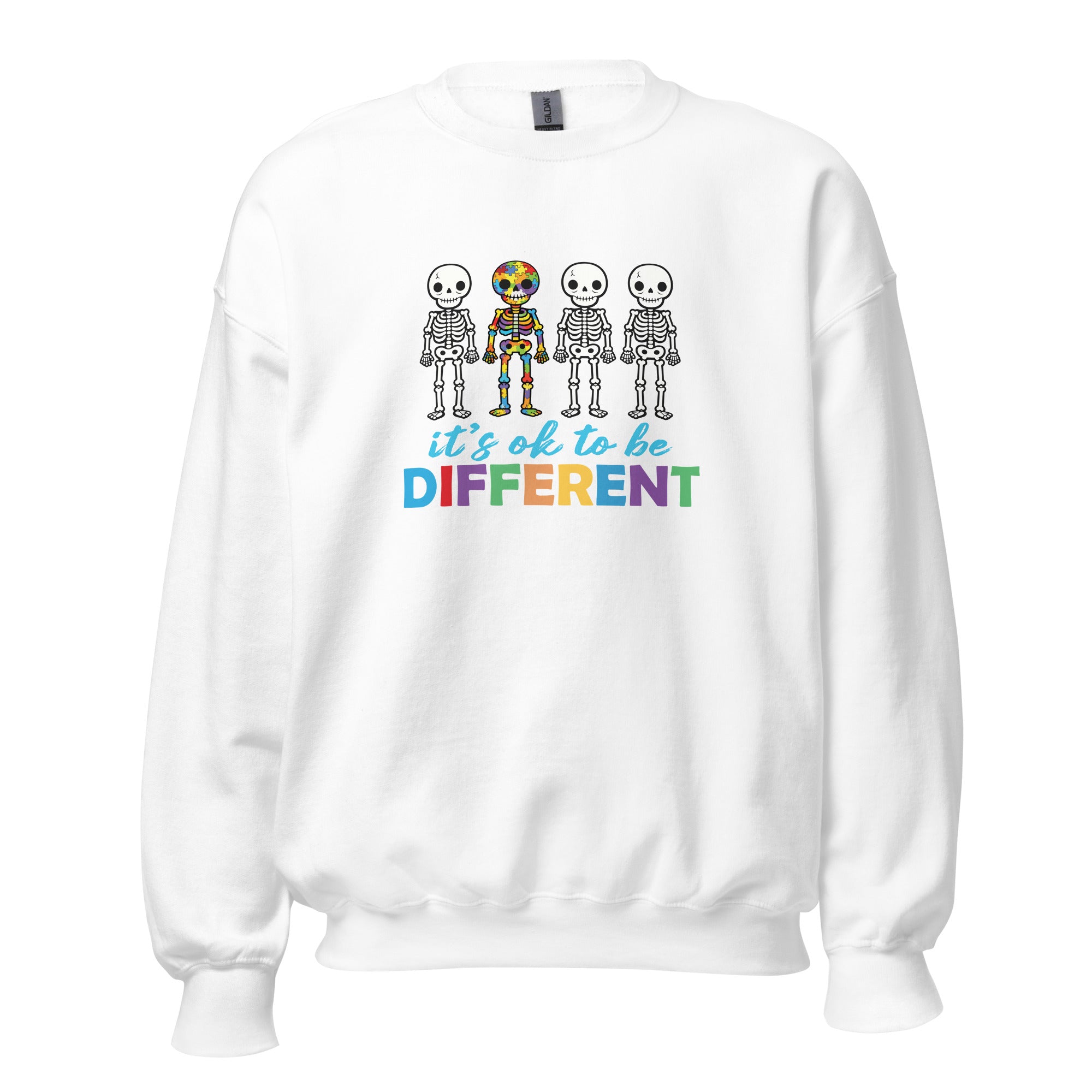 White unisex crew neck sweatshirt with long sleeves shown from the front.