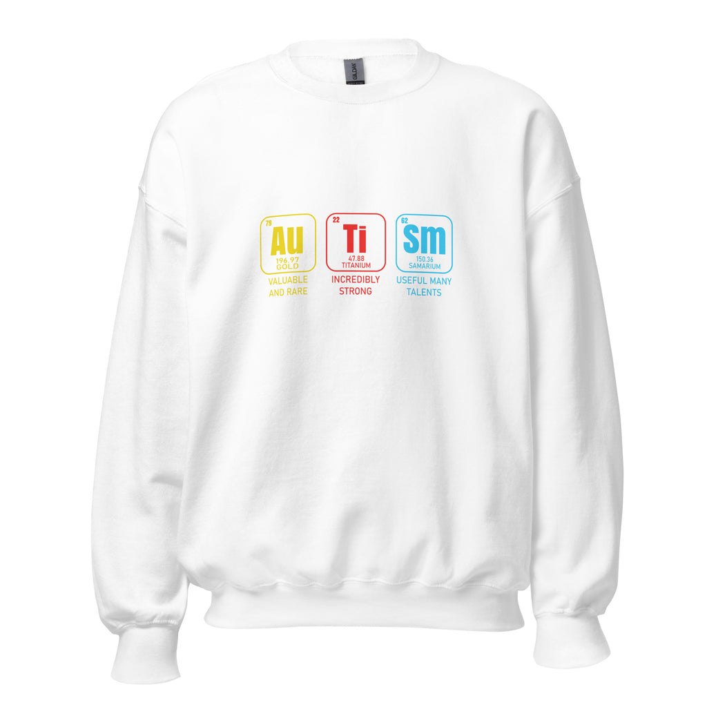 White unisex crew neck sweatshirt with long sleeves shown from the front.