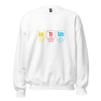 White unisex crew neck sweatshirt with long sleeves shown from the front.