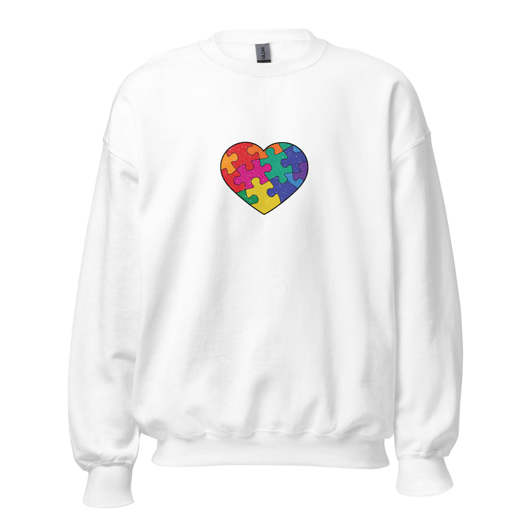White unisex crew neck sweatshirt with long sleeves shown from the front.