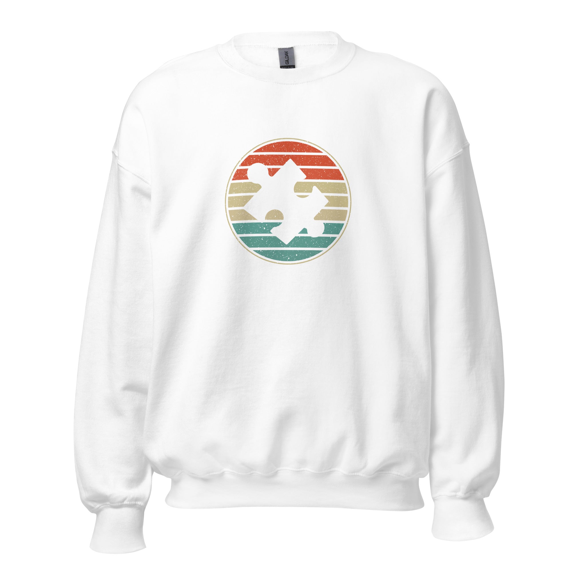 White unisex crew neck sweatshirt with long sleeves shown from the front.