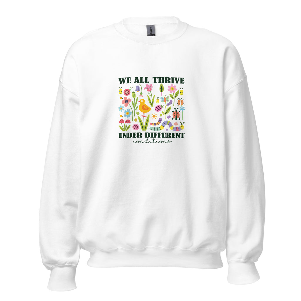 White unisex crew neck sweatshirt with long sleeves shown from the front.