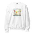 White unisex crew neck sweatshirt with long sleeves shown from the front.