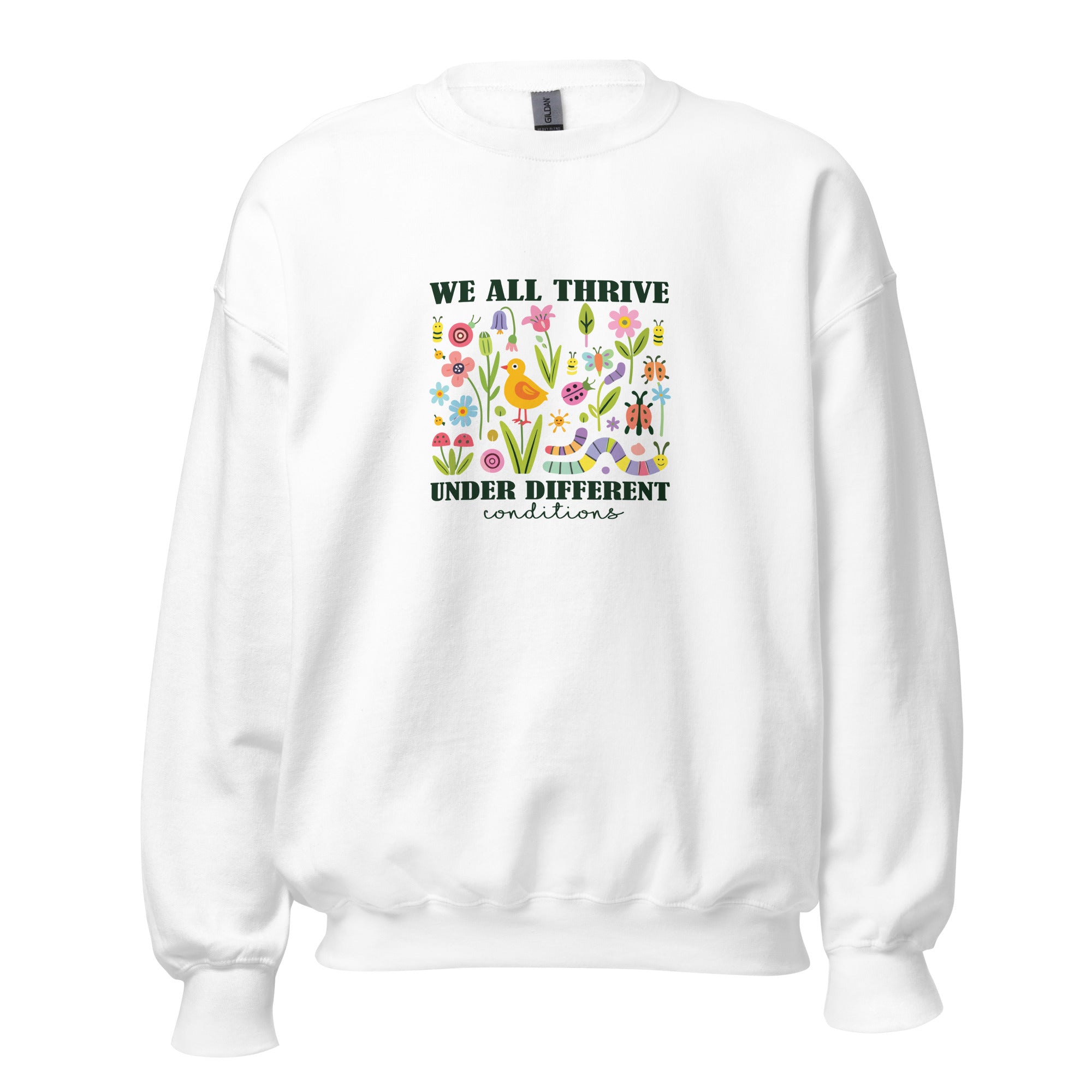White unisex crew neck sweatshirt with long sleeves shown from the front.