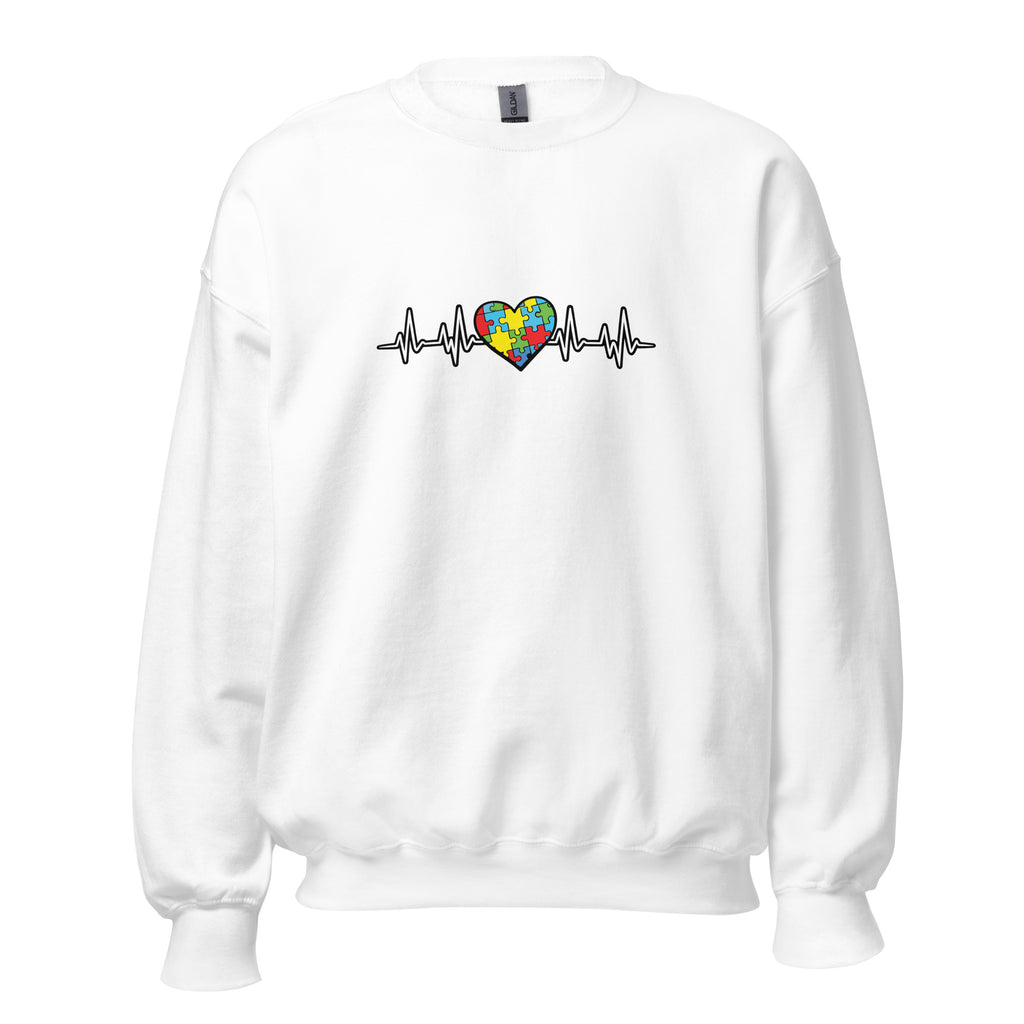 White unisex crew neck sweatshirt with long sleeves shown from the front.