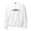 White unisex crew neck sweatshirt with long sleeves shown from the front.