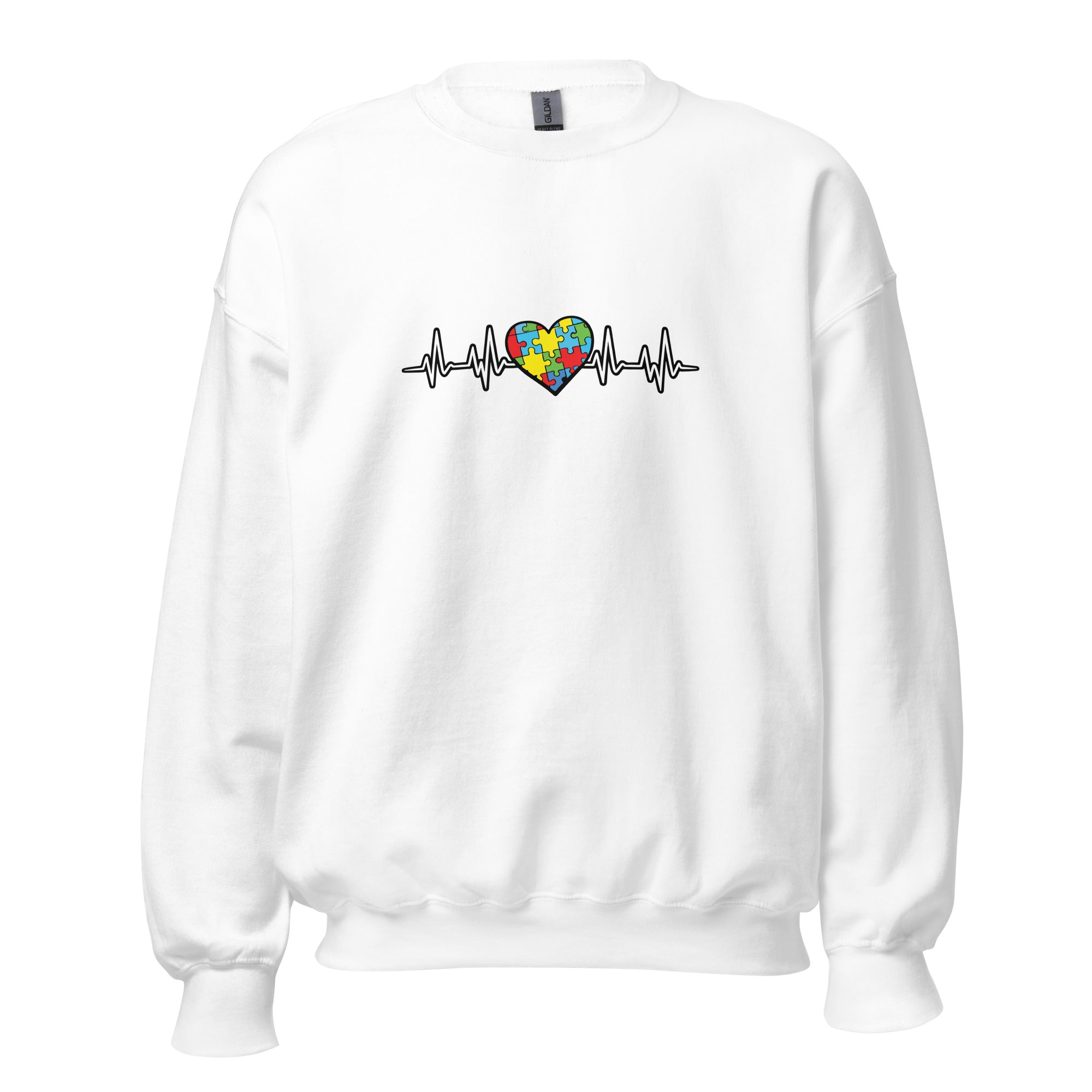 White unisex crew neck sweatshirt with long sleeves shown from the front.