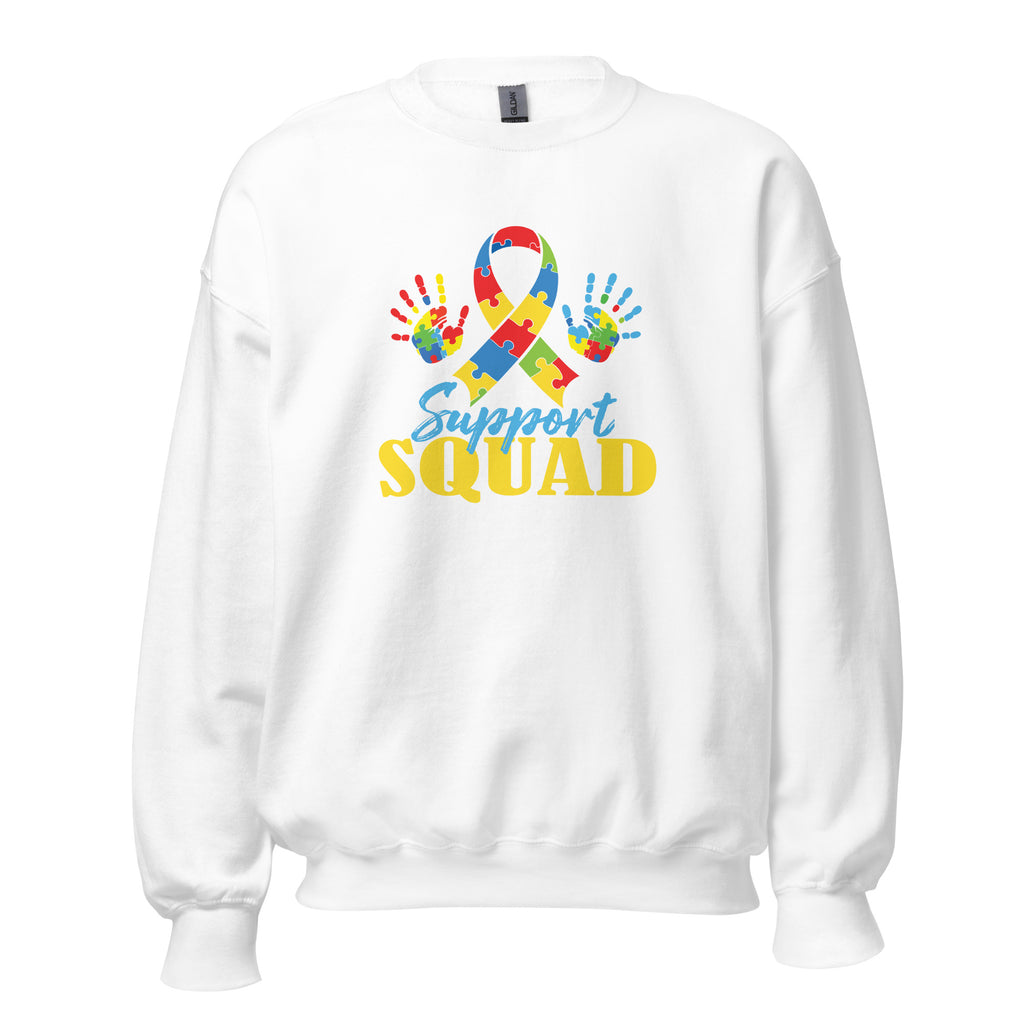 White unisex crew neck sweatshirt with long sleeves shown from the front.