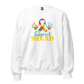 White unisex crew neck sweatshirt with long sleeves shown from the front.