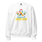 White unisex crew neck sweatshirt with long sleeves shown from the front.