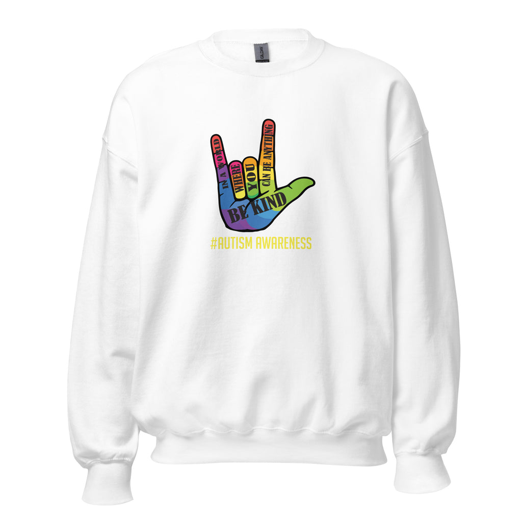 White unisex crew neck sweatshirt with long sleeves shown from the front.